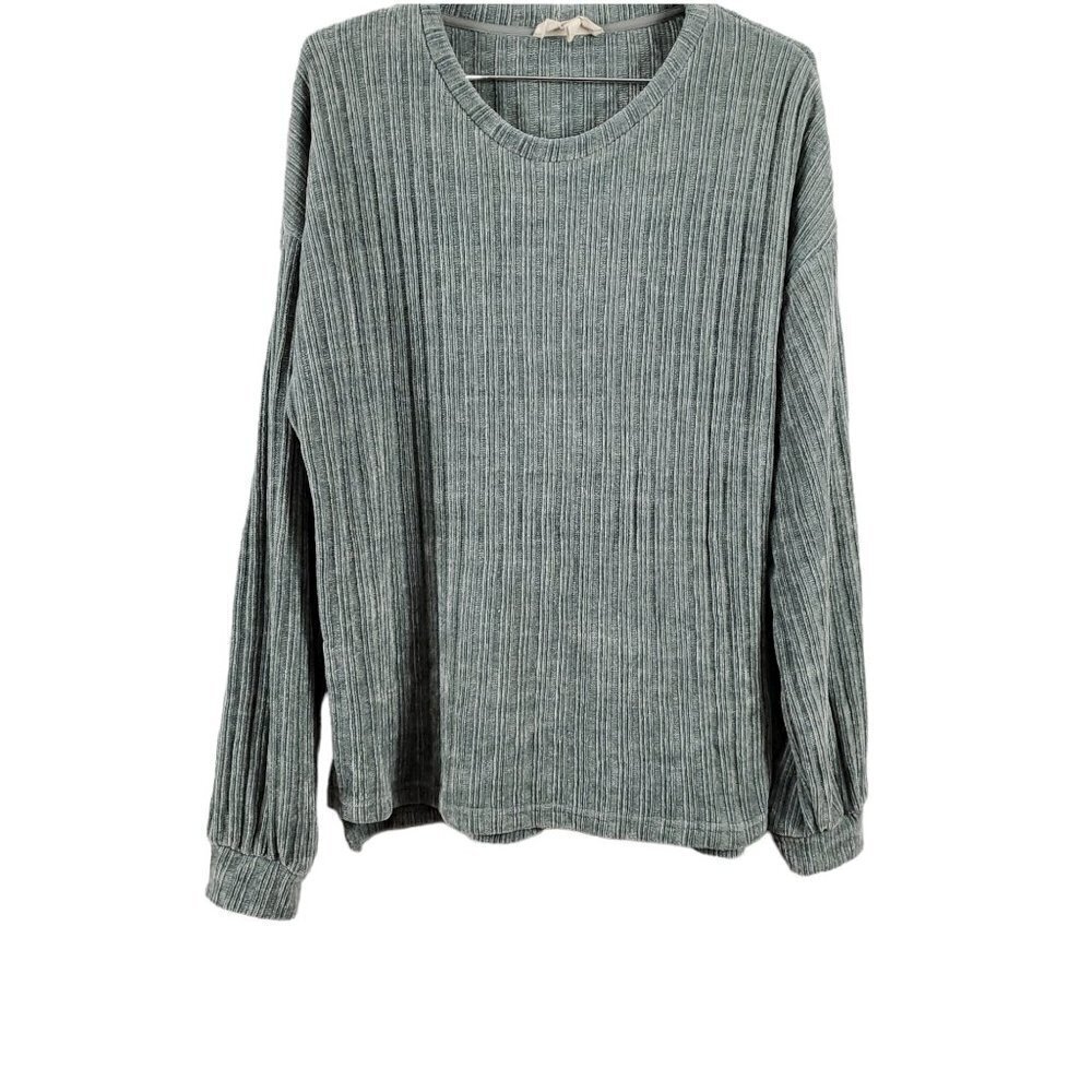 🏆277 Peach Love California Long Sleeve Corduroy Knit Crew Neck Gray Sweatshirt